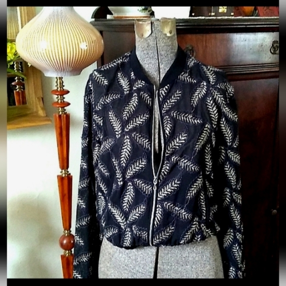 Zara Embroidered Leaf Semi-Sheer Lightweight Bomber Jacket - Picture 13 of 14